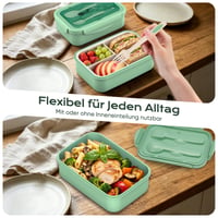 BIBURY Bento box na obed 1400 ml, nepriepustný, 3-priehradkový obedový box s príborom, vhodný do mikrovlnnej rúry, zelený 5