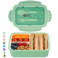 BIBURY Bento box na obed 1400 ml, nepriepustný, 3-priehradkový obedový box s príborom, vhodný do mikrovlnnej rúry, zelený 1
