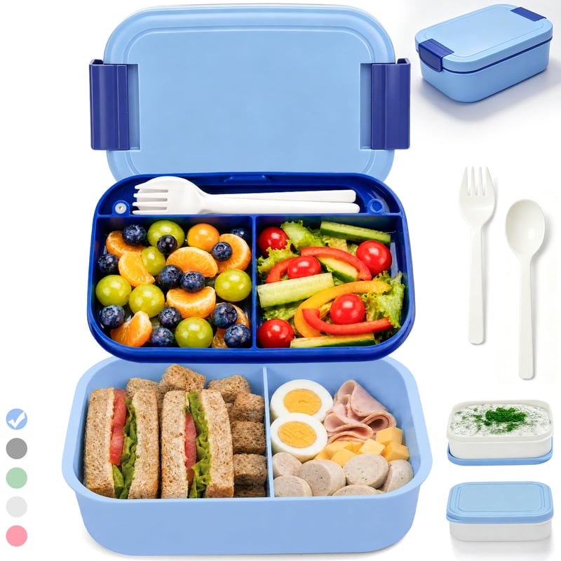 BIBURY Bento box, desiatový box pre deti aj dospelých, 1,9 l, 4 priehradky, s príborom a 2 nádobkami na omáčku, bez BPA, vhodný do mikrovlnky a umývačky riadu, sivý