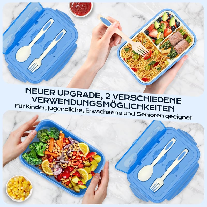 BIBURY Ételhordó 1400ml Szivárgásmentes 3 Rekeszes Bento Box Evőeszközzel Kék