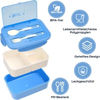 BIBURY Ételhordó 1400ml Szivárgásmentes 3 Rekeszes Bento Box Evőeszközzel Kék 4