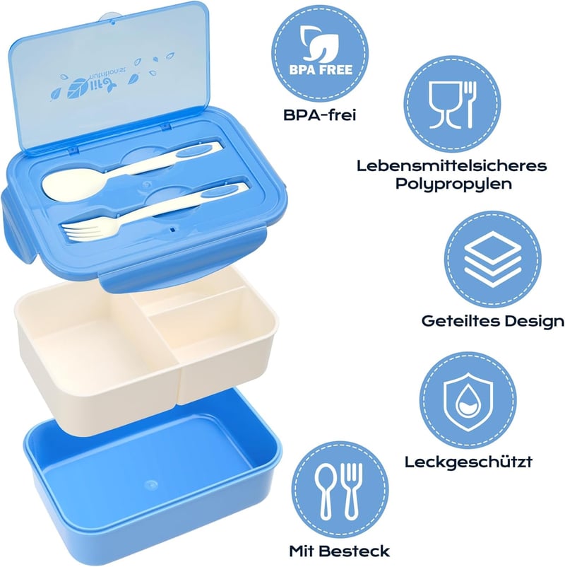 BIBURY Ételhordó 1400ml Szivárgásmentes 3 Rekeszes Bento Box Evőeszközzel Kék
