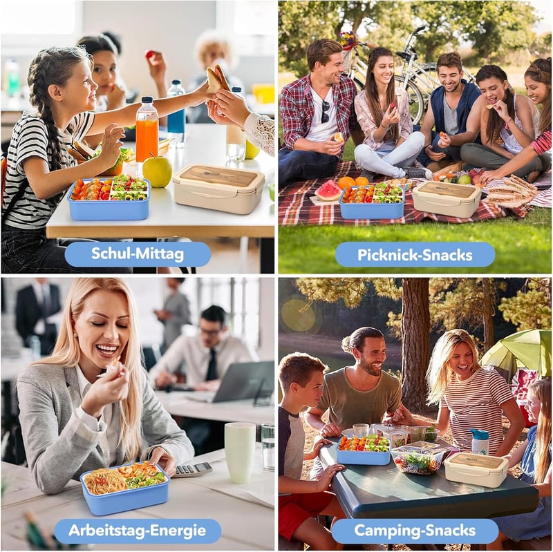 BIBURY Ételhordó 1400ml Szivárgásmentes 3 Rekeszes Bento Box Evőeszközzel Kék