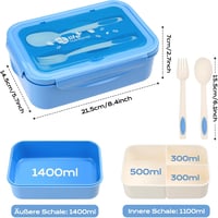 BIBURY Ételhordó 1400ml Szivárgásmentes 3 Rekeszes Bento Box Evőeszközzel Kék 3