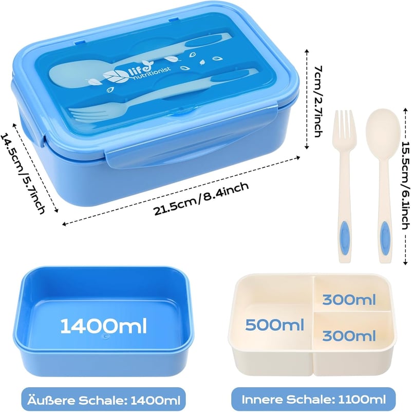 BIBURY Ételhordó 1400ml Szivárgásmentes 3 Rekeszes Bento Box Evőeszközzel Kék