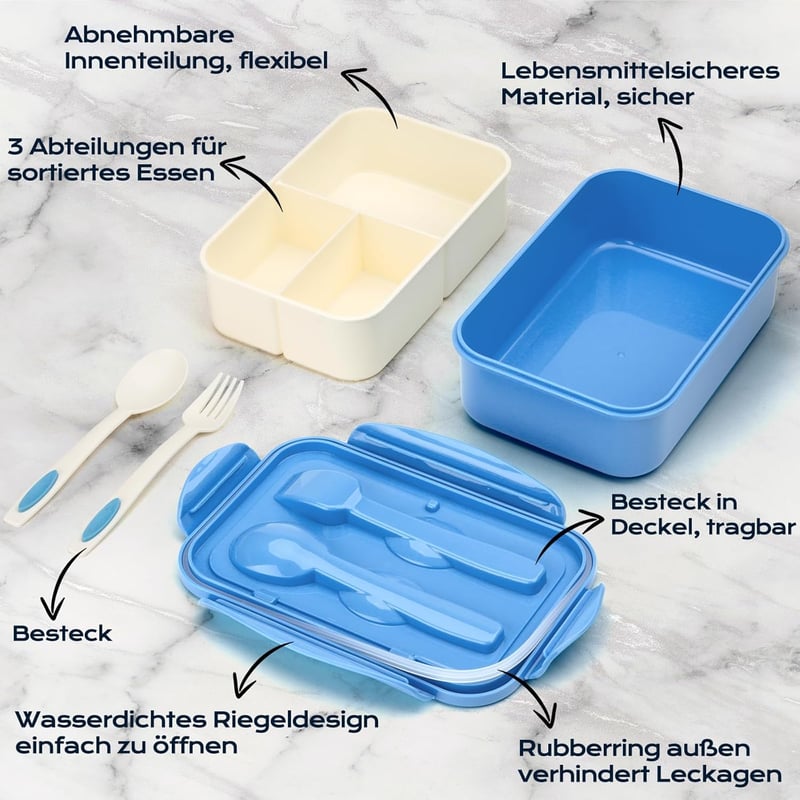 BIBURY Ételhordó 1400ml Szivárgásmentes 3 Rekeszes Bento Box Evőeszközzel Kék