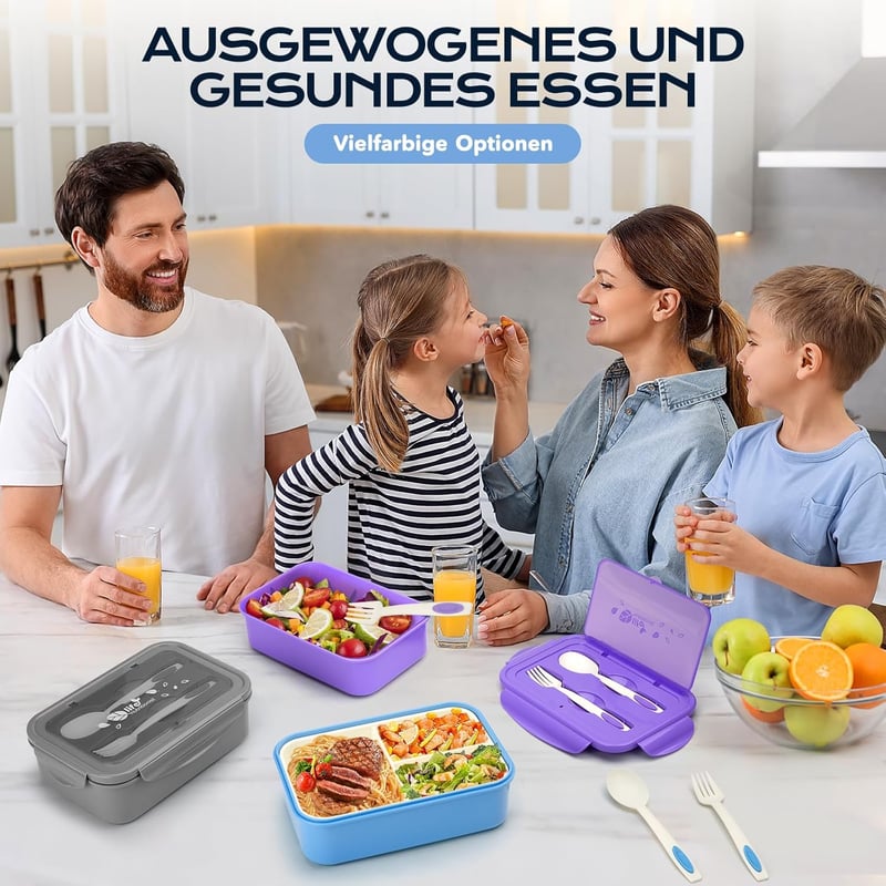 BIBURY Ételhordó 1400ml Szivárgásmentes 3 Rekeszes Bento Box Evőeszközzel Kék