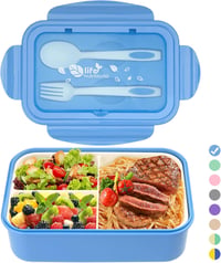 BIBURY Ételhordó 1400ml Szivárgásmentes 3 Rekeszes Bento Box Evőeszközzel Kék 1