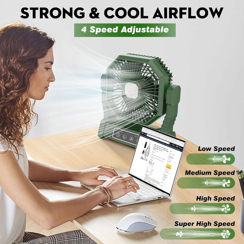 BIBURY Kemping Ventilátor LED Lámpával - 10000mAh Akkumulátoros Asztali Ventilátor Távirányítóval, 4 Sebességgel, Időzítővel, Powerbank Funk