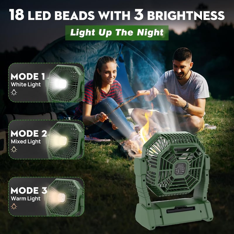 BIBURY Kemping Ventilátor LED Lámpával - 10000mAh Akkumulátoros Asztali Ventilátor Távirányítóval, 4 Sebességgel, Időzítővel, Powerbank Funk