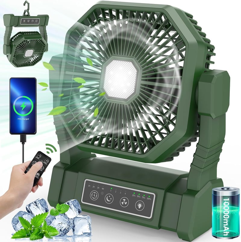 BIBURY Kemping Ventilátor LED Lámpával - 10000mAh Akkumulátoros Asztali Ventilátor Távirányítóval, 4 Sebességgel, Időzítővel, Powerbank Funk