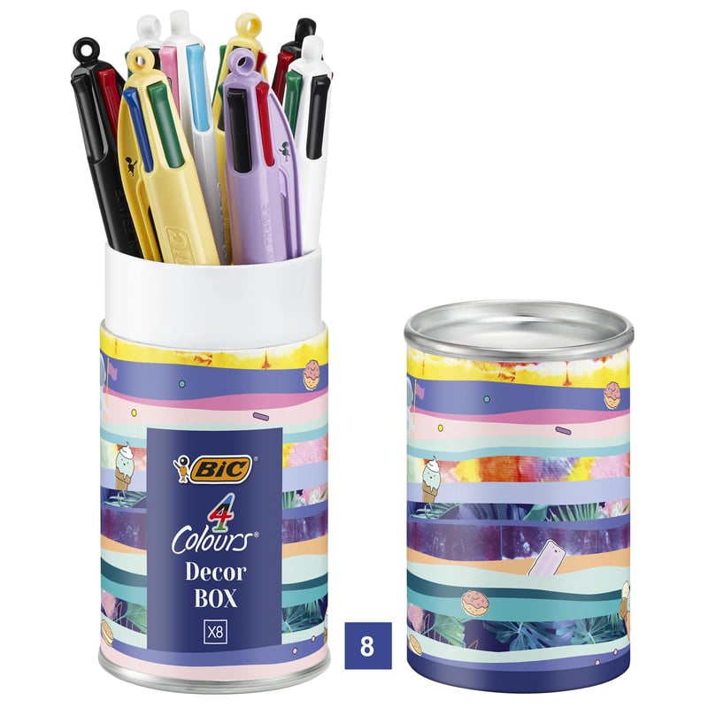 Sada guľôčkových pier BIC 4 Colours Décor Box – stredný hrot (1,0 mm), kovová krabička, 8 ks