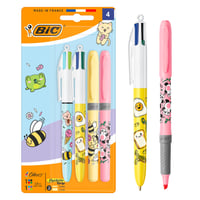 Guľôčkové pero BIC 4 Colours Decors Kawaii so stredným hrotom (1,0 mm) + zvýrazňovač BIC Highlighter Grip Decors, rôzne vzory Kawaii, balenie 4 ks 1