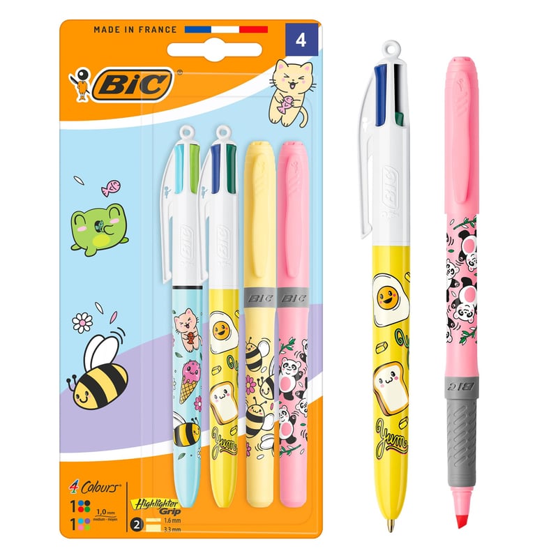 Guľôčkové pero BIC 4 Colours Decors Kawaii so stredným hrotom (1,0 mm) + zvýrazňovač BIC Highlighter Grip Decors, rôzne vzory Kawaii, balenie 4 ks