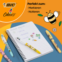 Guľôčkové pero BIC 4 Colours Decors Kawaii so stredným hrotom (1,0 mm) + zvýrazňovač BIC Highlighter Grip Decors, rôzne vzory Kawaii, balenie 4 ks 4