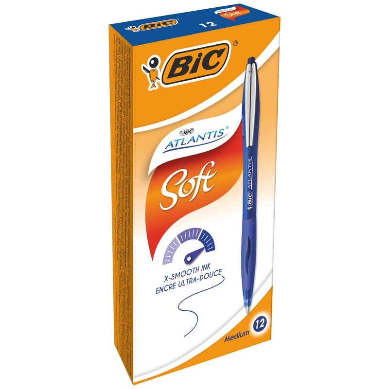 Guľôčkové pero BIC Atlantis Soft, modrý atrament, stredný hrot 1,0 mm, plniteľné kancelárske pero, balenie 12 ks