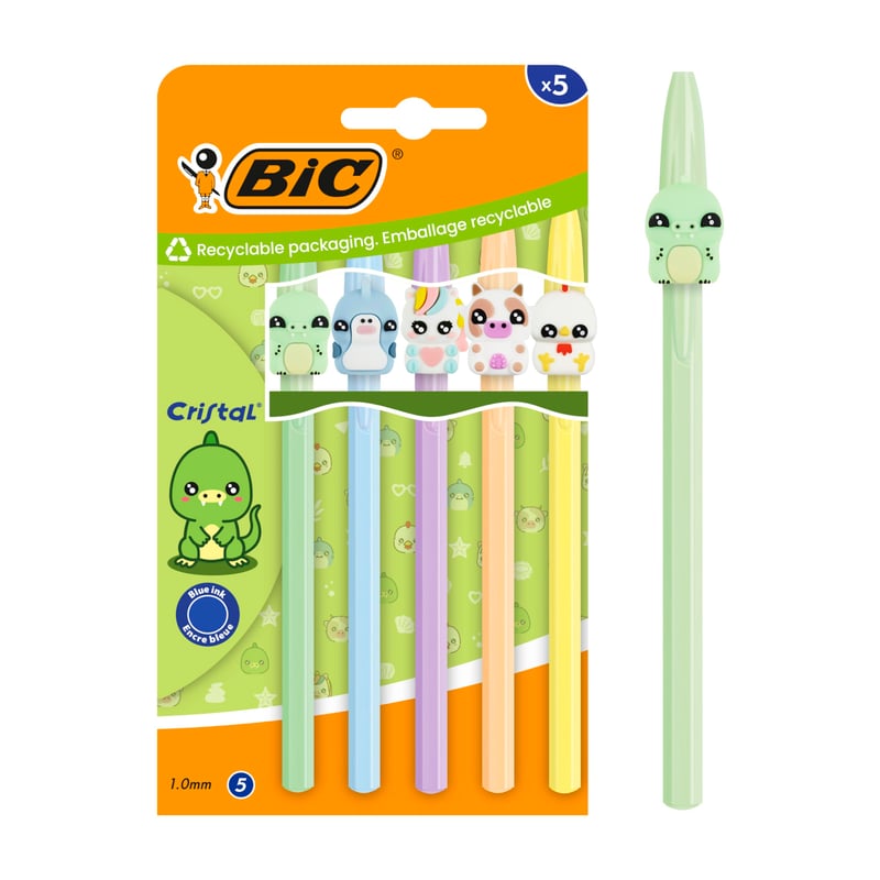 Pix cu bilă BIC Cristal Pastel cu vârf mediu (1,00 mm) cu cerneală albastră - set de 5 bucăți cu corpuri colorate și modele variate, ambalaj din carton