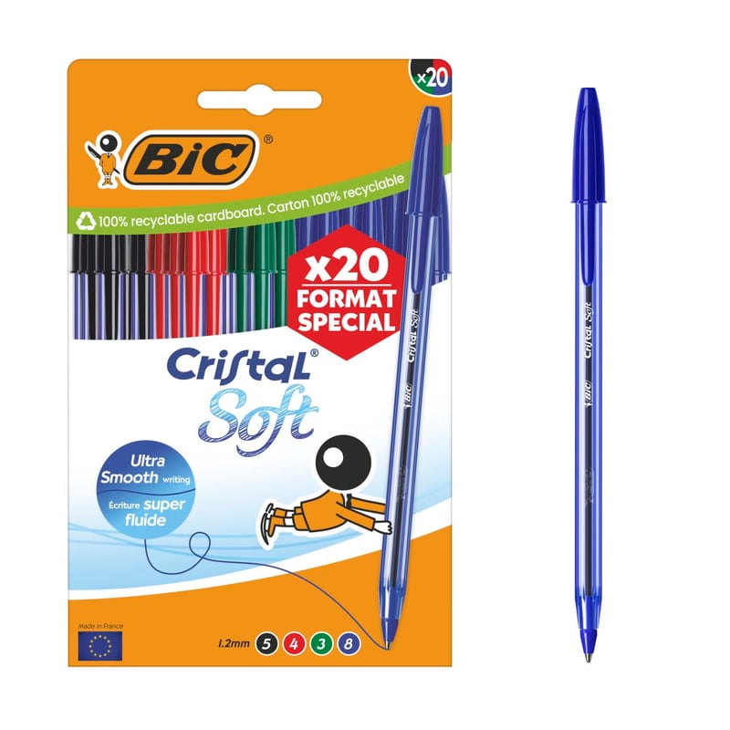 Guľôčkové pero BIC Cristal Soft, stredný hrot (1,2 mm), špeciálna edícia – mix farieb atramentu, balenie 20 ks