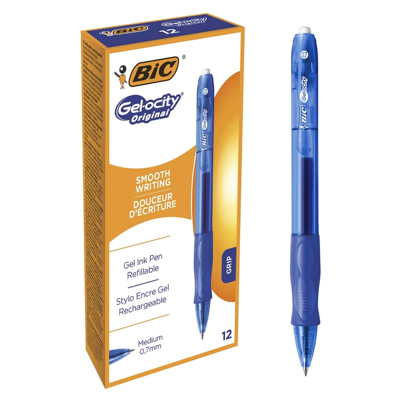 Pixuri cu gel retractabile BIC Gel-ocity, vârf mediu 0,7 mm, albastru, 12 bucăți