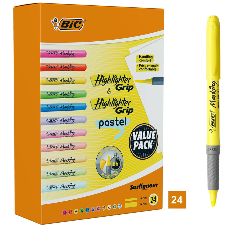 Set markere fluorescente BIC Highlighter Grip, 24 bucăți, culori asortate (neon și pastel), vârf tesit, grosime linie 1,6-3,4 mm, tehnologie anti-uscare