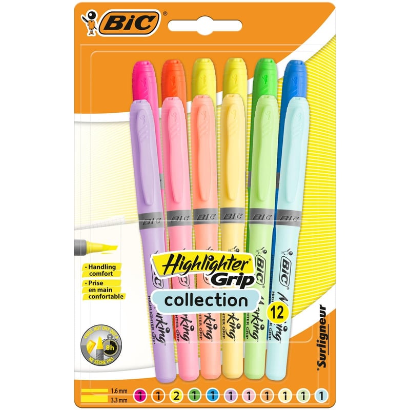 Zvýrazňovač BIC Highlighter Grip so skoseným hrotom – mix intenzívnych a pastelových farieb, 12 ks