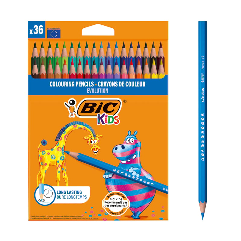 Creioane Colorate pentru Copii BIC Kids Evolution ECOlutions - Culori Asortate, Cutie de Carton, 36 bucăți