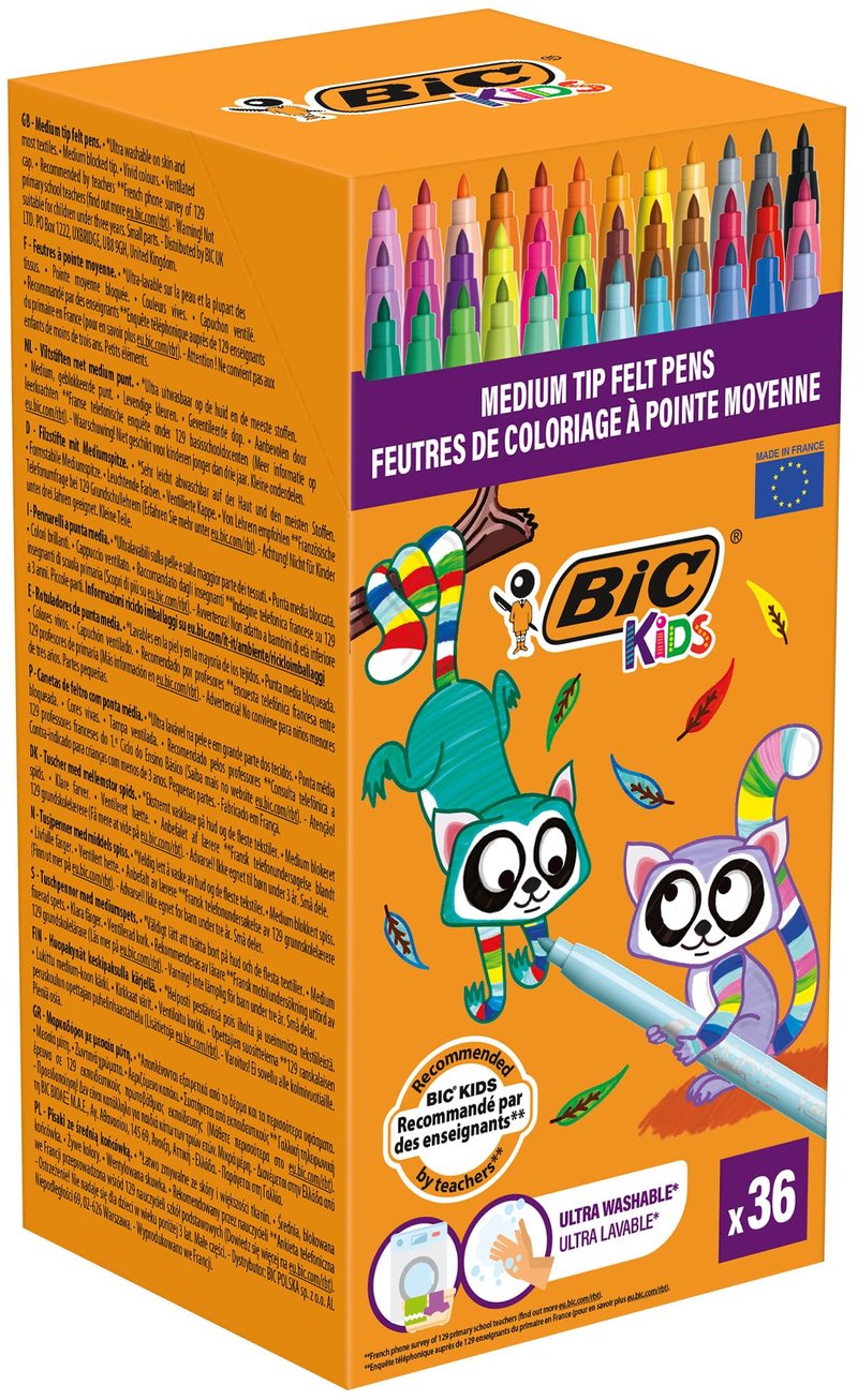 Detské fixky BIC Kids Kid Couleur – 36 rôznych farieb, stredne hrubý hrot, vyprateľný atrament, od 5 rokov, kartónová škatuľka