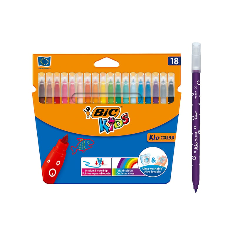 Sada farebných fixiek BIC Kids Kid Couleur – 18 ks rôznych farieb, stredný hrot, v kartónovom puzdre