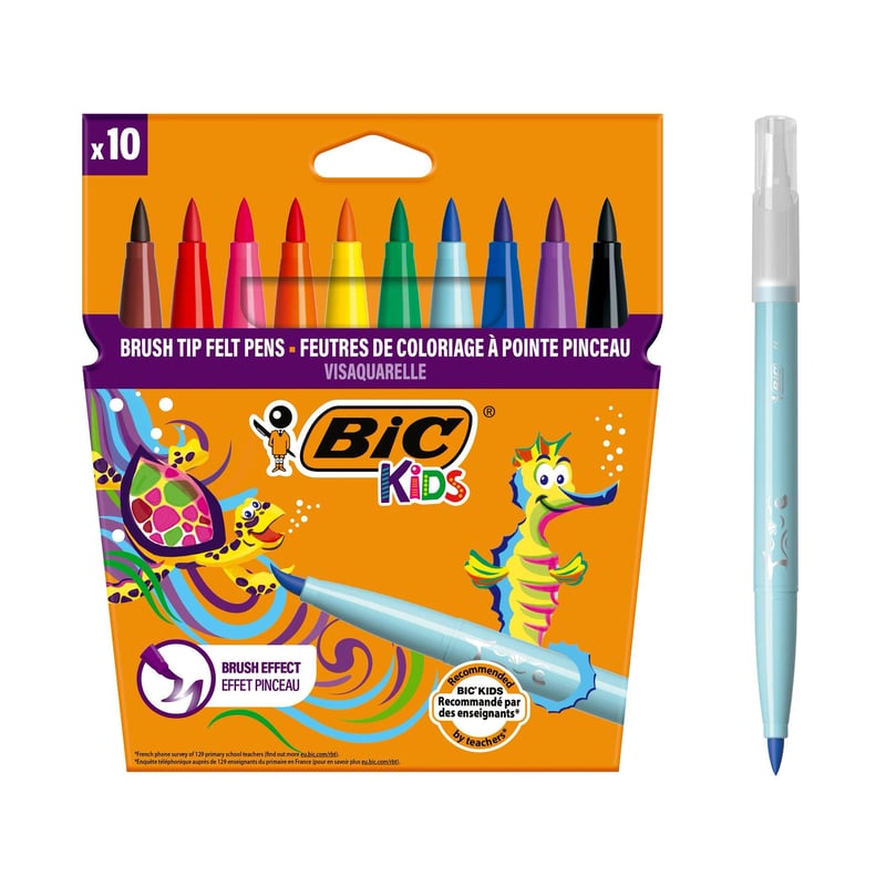 Set Carioci cu Pensulă BIC Kids Visaquarelle – 10 Bucăți, Carioci Lavabile pentru Copii, Culori Asortate