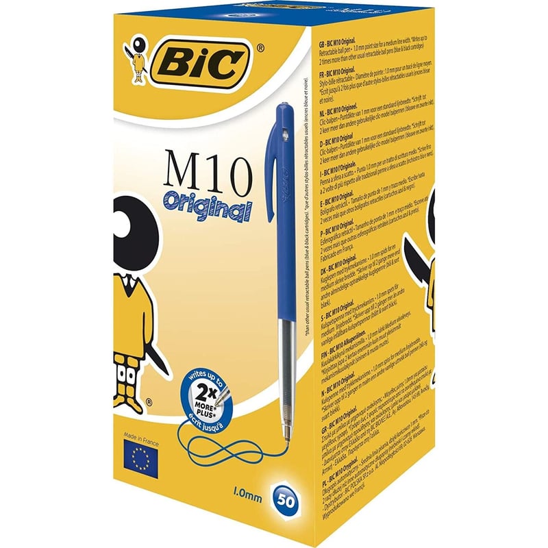 Guľôčkové pero BIC M10 Original, vysúvacie, 1,0 mm, modré – 50 ks