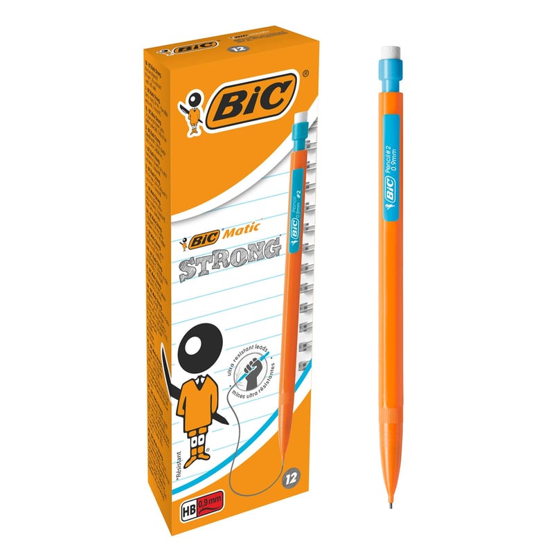 Creion mecanic BIC Matic Strong 0,9 mm HB - Culori asortate, pachet de 12 bucăți, cu 3 mine fiecare