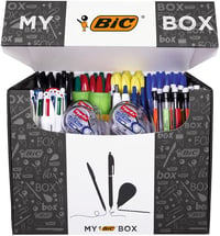 Set papetărie BIC My BIC Box 124 bucăți - 75 pixuri, 24 creioane mecanice, 8 rollere corectoare, 7 markere, 8 markere fluorescente, 2 lipiciuri solid (21g) 3