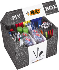 Set papetărie BIC My BIC Box 124 bucăți - 75 pixuri, 24 creioane mecanice, 8 rollere corectoare, 7 markere, 8 markere fluorescente, 2 lipiciuri solid (21g) 1