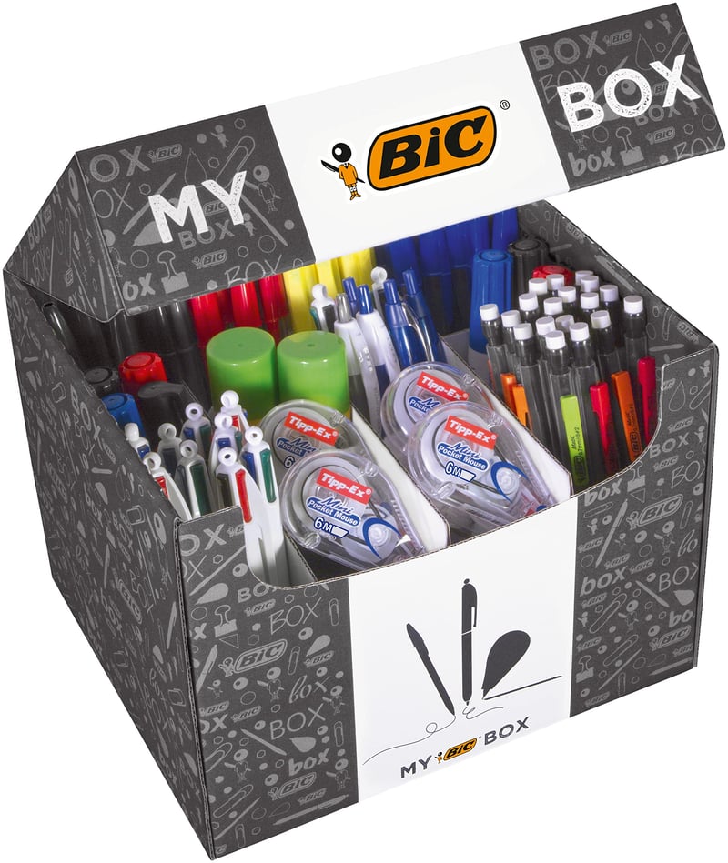 Set papetărie BIC My BIC Box 124 bucăți - 75 pixuri, 24 creioane mecanice, 8 rollere corectoare, 7 markere, 8 markere fluorescente, 2 lipiciuri solid (21g)