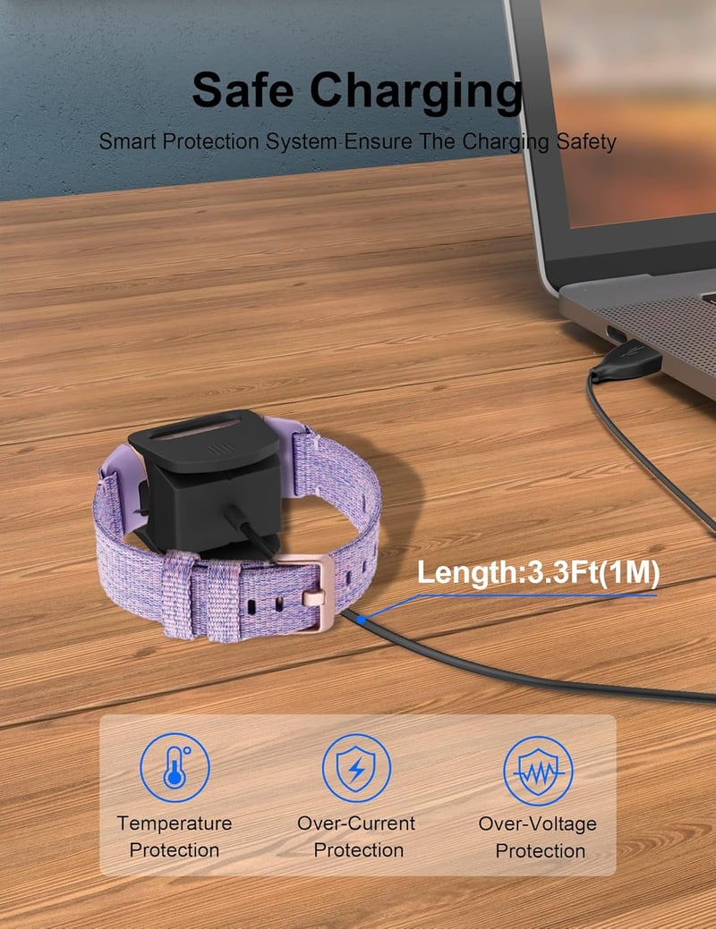 Bicmice USB Töltőkábel 1m Fitbit Charge 3/3SE Aktivitásmérőhöz - Fekete Réz Vezeték Rövidzárlat Elleni Védelemmel