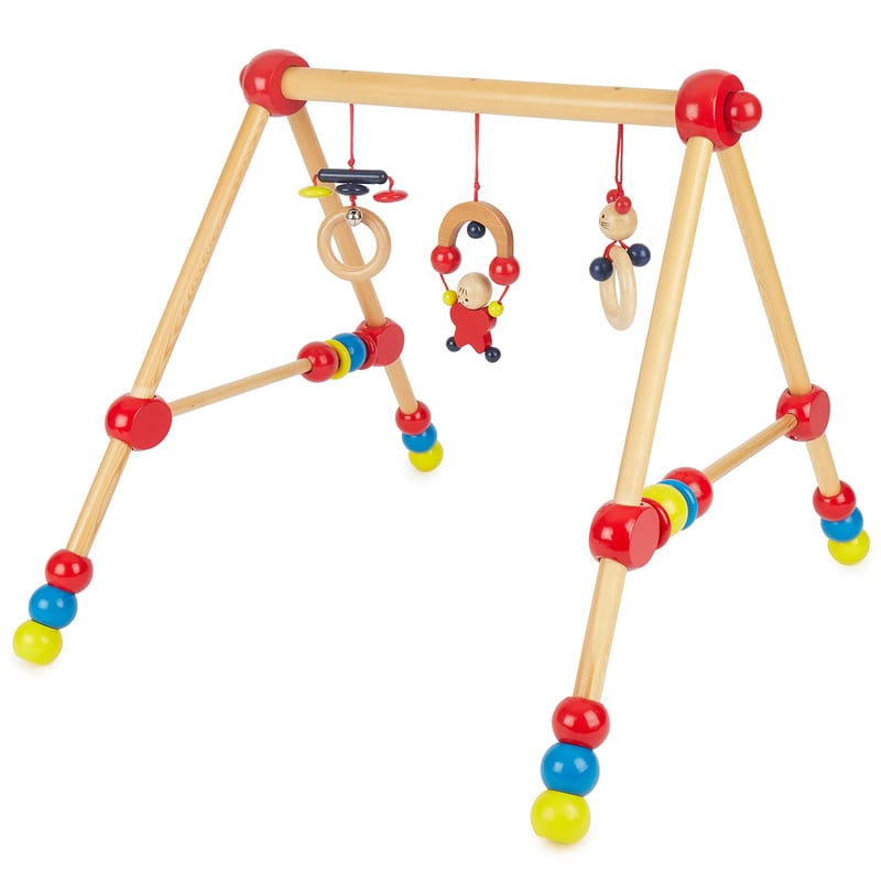 Centru de activități pentru bebeluși Bieco din lemn, cu arcade, figurine, zornăitori și mingi, înălțime reglabilă, multicolor