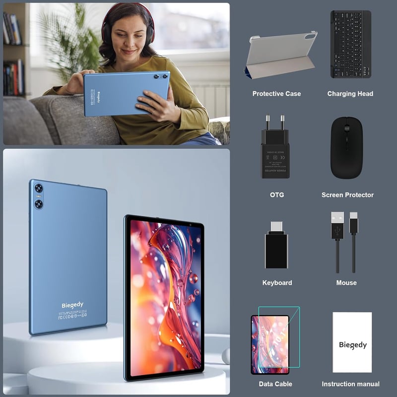 BIEGEDY B22 10" Tablet Android 14 Octa-Core, 20GB RAM, 128GB Tárhely, 5G WiFi, Bluetooth 5.0, 6000mAh Akkumulátor, Billentyűzettel és Egérre