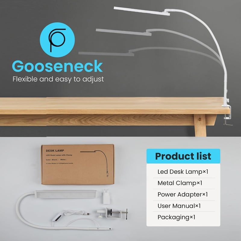 BIENSER LED Asztali Lámpa Csiptetős Gooseneck, 5 Szín 10 Fokozat Dimmelhető