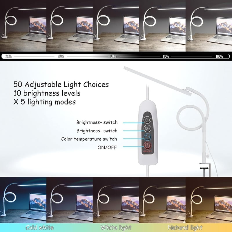BIENSER LED Asztali Lámpa Csiptetős Gooseneck, 5 Szín 10 Fokozat Dimmelhető