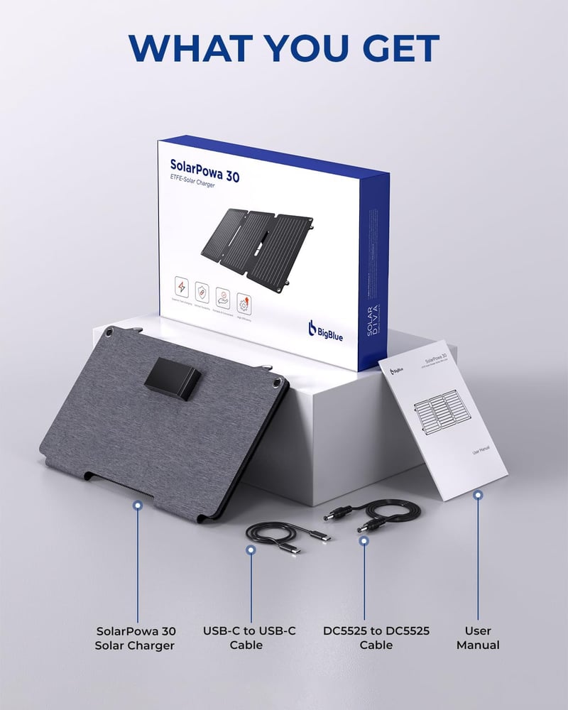 BigBlue 30W napelemes töltő állvánnyal, IP65 vízálló, USB-C és USB-A portokkal