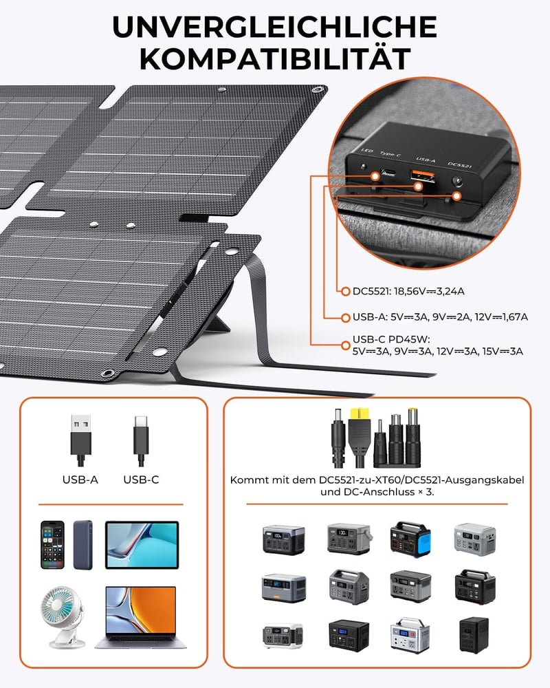 BigBlue 60W összecsukható napelemes töltő QC3.0 PD45W vízálló kempingezéshez