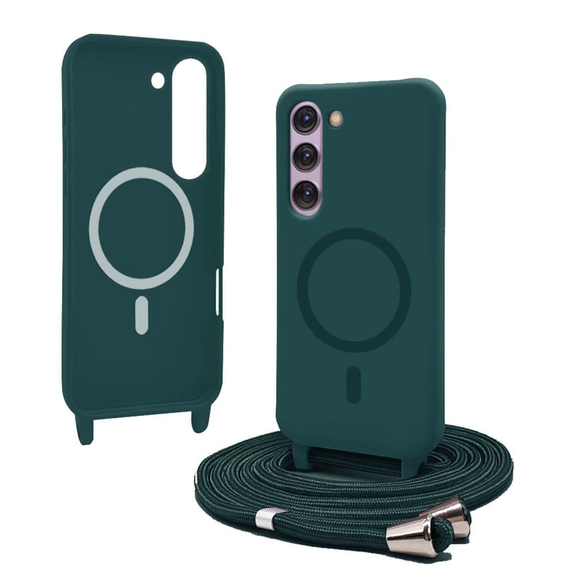 Husă magnetică Bigcousin pentru Samsung Galaxy S23 cu șnur, carcasă din silicon compatibilă MagSafe cu lanț detașabil și reglabil, verde închis