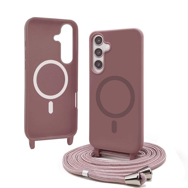 Bigcousin magnetický obal na telefón Samsung Galaxy S24 – kompatibilný s MagSafe, šnúrka na krk a nastaviteľný ramenný popruh, silikónové puzdro s retiazkou, ružové zlato