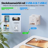 BigFish hálózati elosztó USB-C 4 USB konnektor kapcsolóval, 3-utas hosszabbító adapter, socket cube kábel nélkül 3