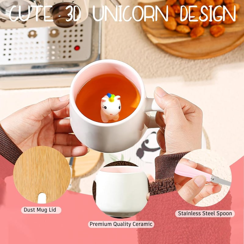 BigNoseDeer 3D Unikornis Bögre Tetővel, Kawaii Kávés Csésze Lányoknak, Ajándék Nőknek - Novelty