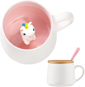 BigNoseDeer 3D keramička šalica s jednorogom, žlicom i poklopcem, 360 ml