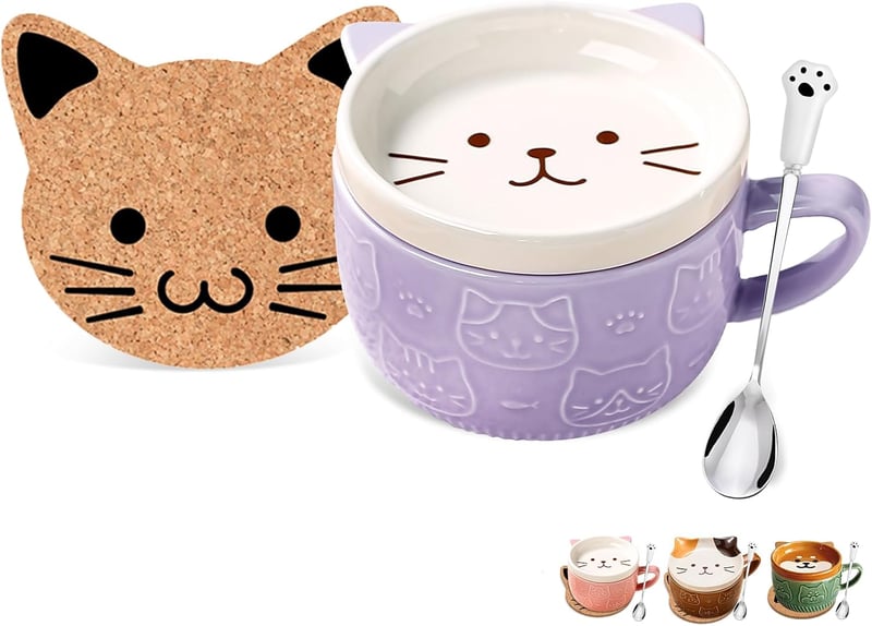 BigNoseDeer Aranyos Lila Macska Bögre Tetővel - Kawaii Kávéscsésze Macskamániásoknak - Purple