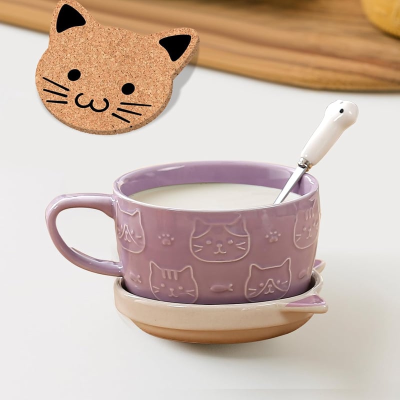 BigNoseDeer Aranyos Lila Macska Bögre Tetővel - Kawaii Kávéscsésze Macskamániásoknak - Purple