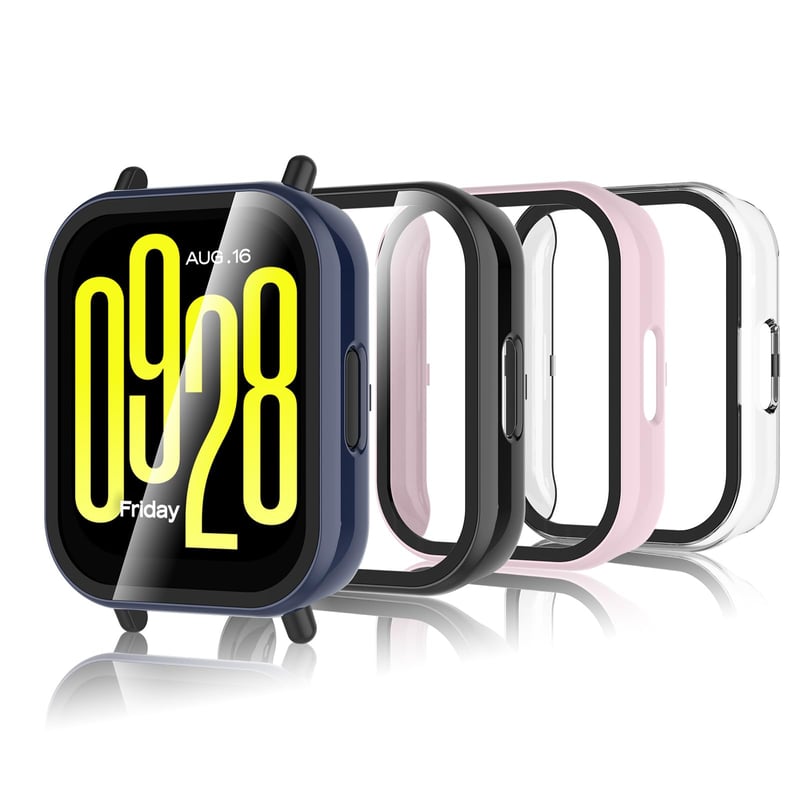 Bigqin 4 ks Ochranné puzdro pre Xiaomi Redmi Watch 5 Active, s tvrdeným sklom a PC krytom – priehľadné, čierne, ružové, modré