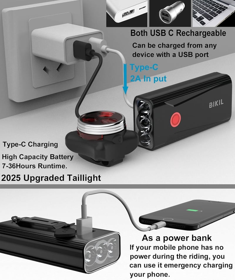 BIKIL USB-C Kerékpárlámpa Szett 2400 Lumen - Első és Hátsó Lámpa 6400 mAh Akkumulátorral, Alumínium Ház, Egyszerű Felszerelés, Országúti és 